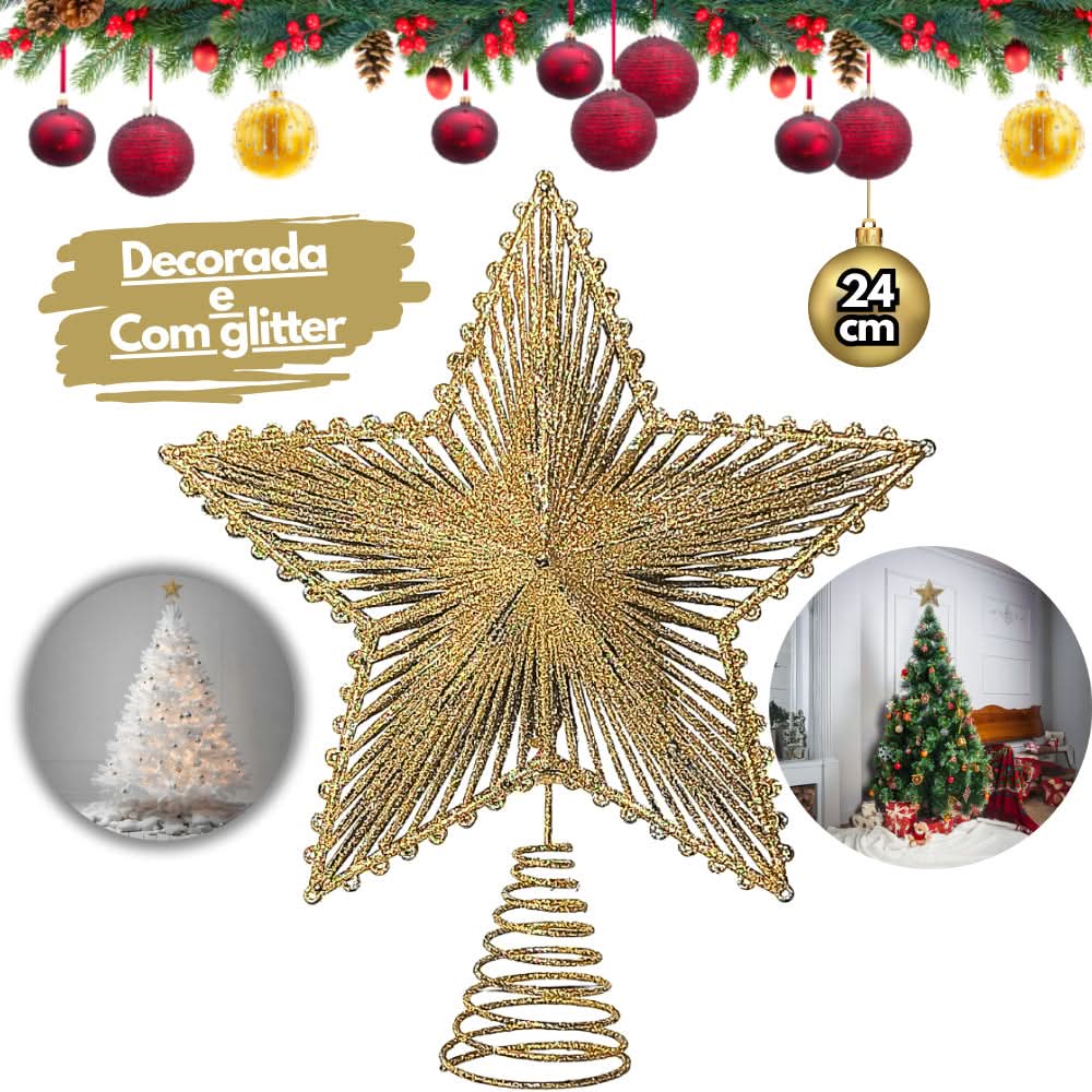 Estrella brillante de 24 cm con alambre y glitter para árbol de Navidad, metalizada