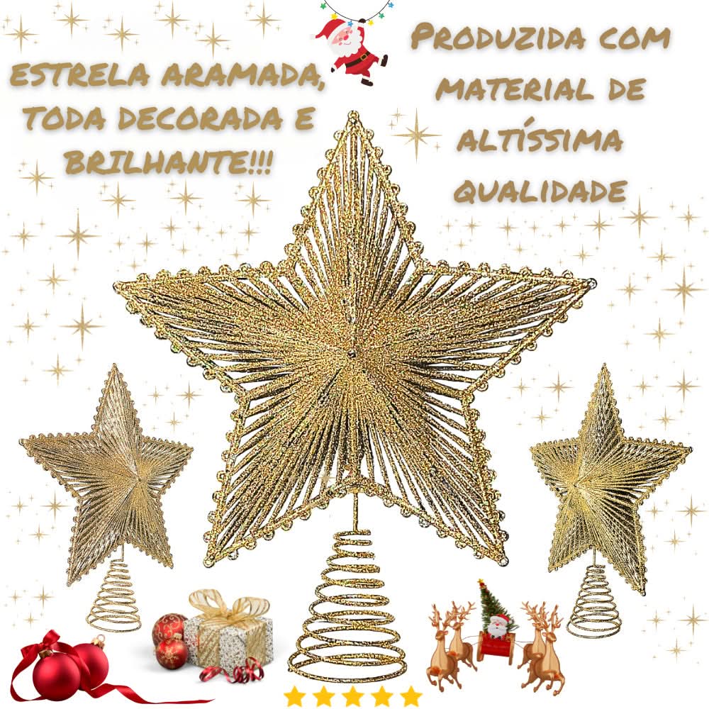 Estrella brillante de 24 cm con alambre y glitter para árbol de Navidad, metalizada