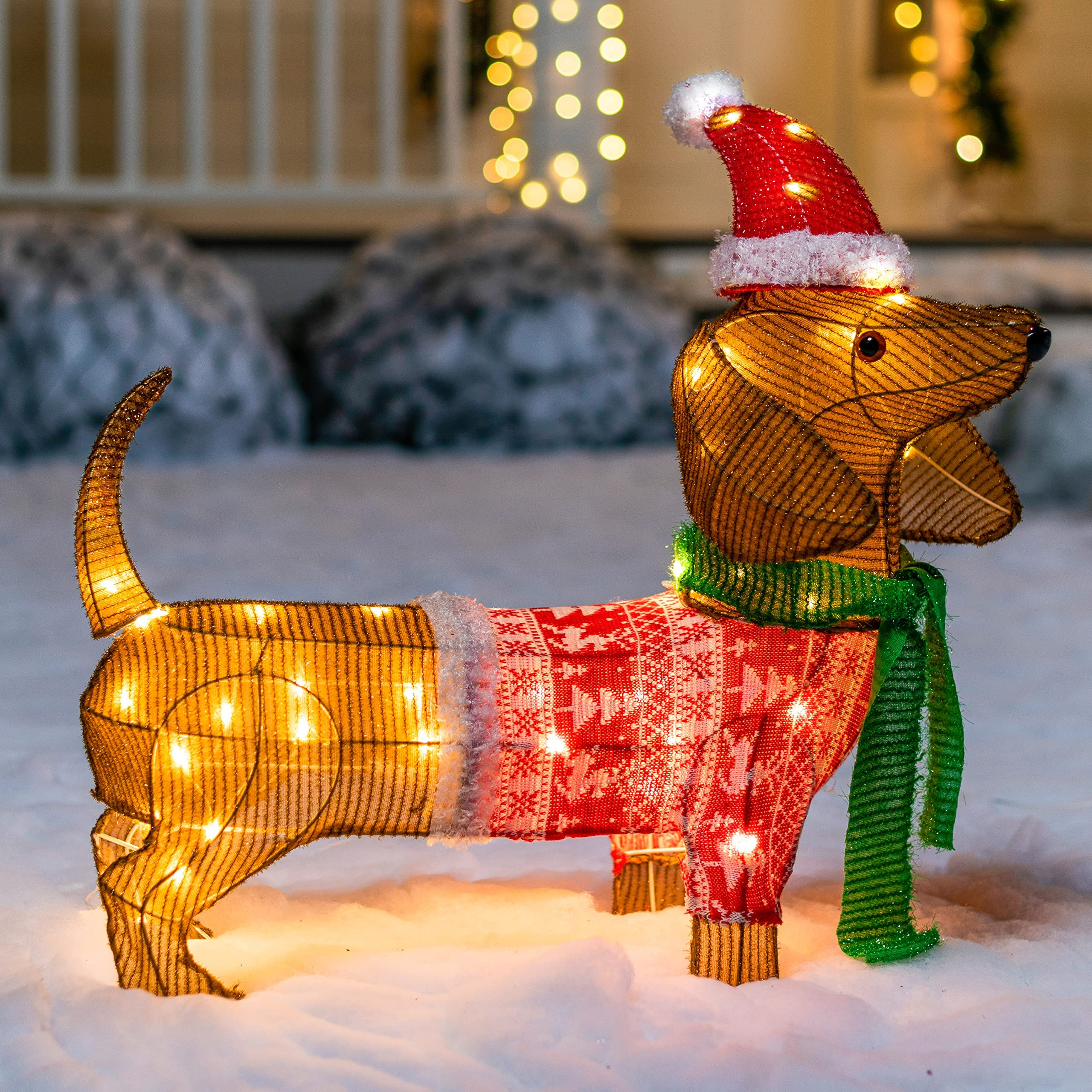 Luz de Jardín LED Perro Salchicha de Tinsel con 40 LEDs Blanco Cálido – 61 cm