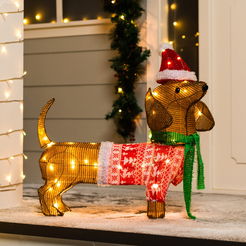 Luz de Jardín LED Perro Salchicha de Tinsel con 40 LEDs Blanco Cálido – 61 cm