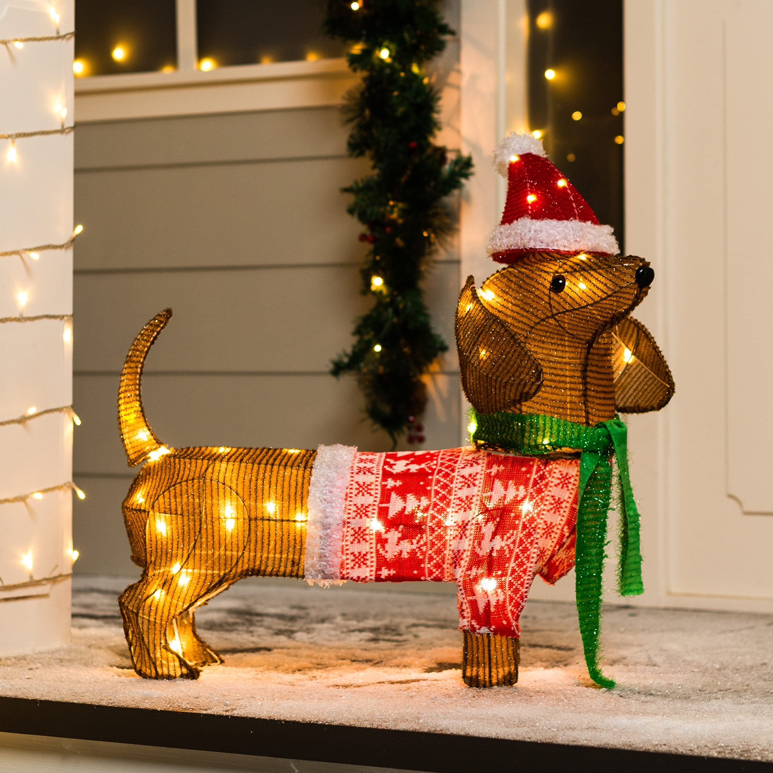 Luz de Jardín LED Perro Salchicha de Tinsel con 40 LEDs Blanco Cálido – 61 cm